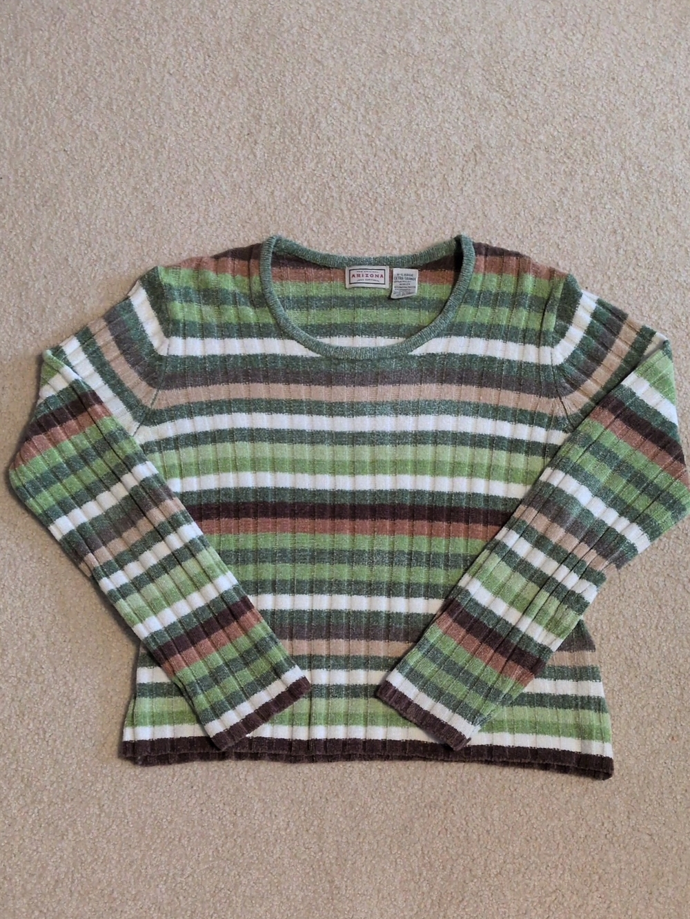 Arizona Jean Company Green Striped Ribbed Crewneck Sweater